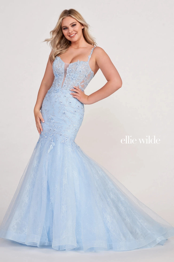 Look stunning in this long Ellie Wilde EW34085 Prom Dress with its lace shimmer bodice and beaded lace glitter mermaid trumpet skirt. The plunging neckline adds a daring touch and makes this dress perfect for your formal occasion.  Sizes: 00-24  Colors: ORANGE, LIGHT BLUE, EMERALD, LAVENDER