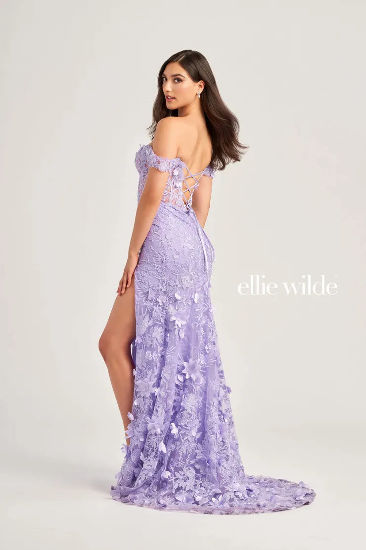 Ellie Wilde presents EW35054 is a Long 3D Lace Sheer Prom Dress. This stunning mermaid gown features a corset off the shoulder design and a thigh-high slit for a glamorous and sophisticated look. The intricate 3D lace provides a touch of elegance and the sheer fabric adds an element of allure.  Sizes: 00-16  Colors: Lilac, Light Blue, Blush