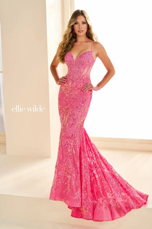 Ellie Wilde EW36003 Size 8 Hot Pink Sheer Corset Sequin Mermaid Backless Prom Dress Pageant Evening Gown