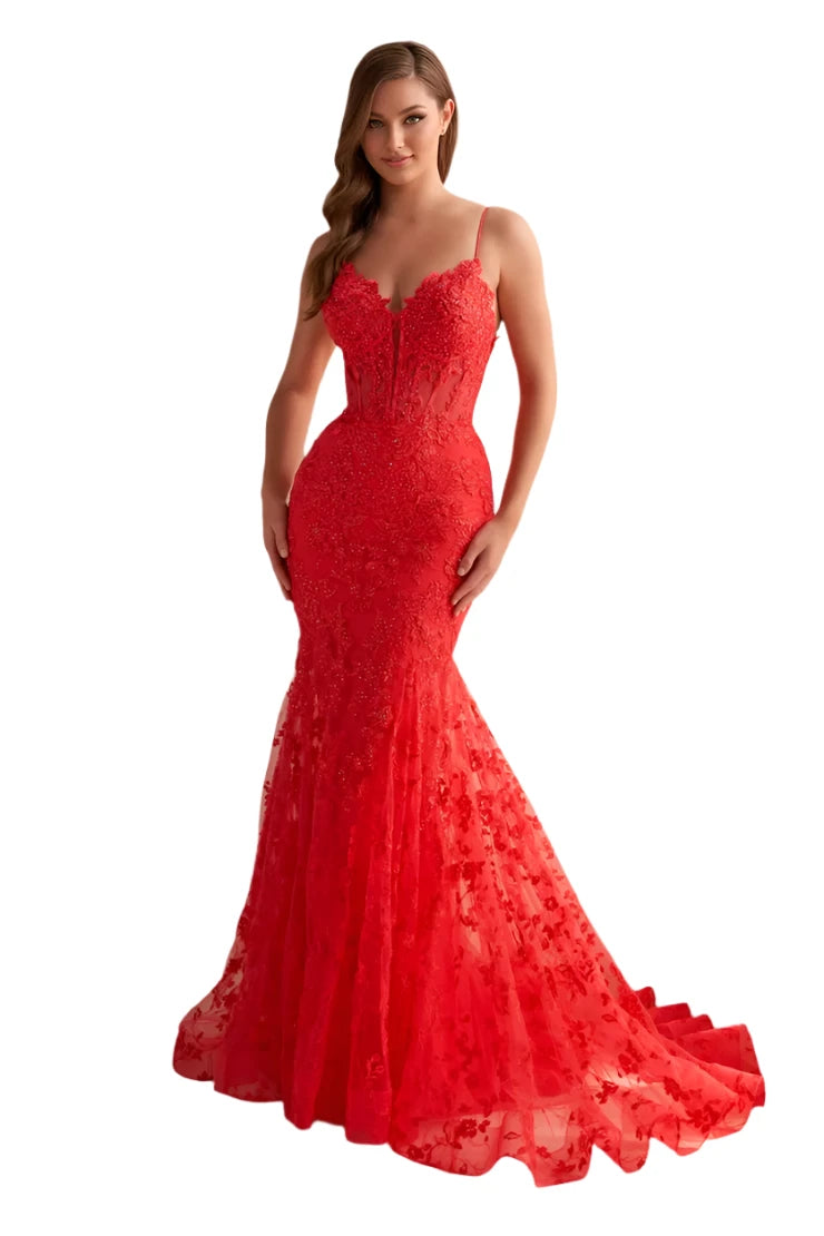 Experience elegance and grace in our Ellie Wilde EW36008 Long Lace Mermaid Corset Prom Dress. Made with delicate lace and a figure-flattering mermaid silhouette, this dress exudes sophistication. The corset-style back and V-neckline add a touch of glamour, while the train adds a dramatic flourish. Perfect for any formal evening event, make a statement in this stunning gown.

Sizes: 00-2

Colors: Black, Candy Pink, Emerald, Light Blue, Light Yellow, Purple, Royal Blue, Sage, Strawberry