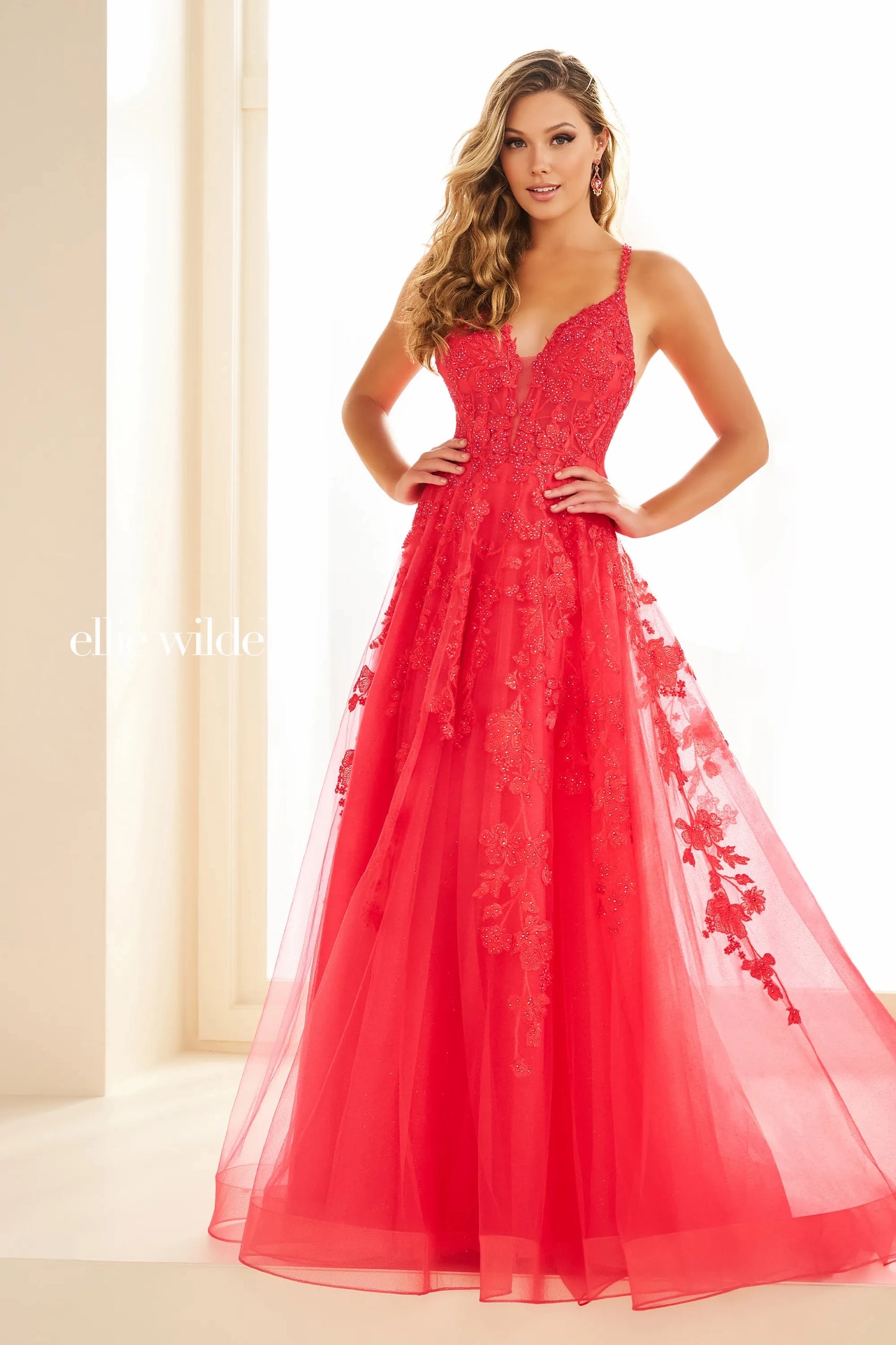 Be the star of the prom in the exquisite Ellie Wilde EW36015 Long Prom Dress. This stunning A-line gown features sheer lace and shimmering details, perfect for any formal occasion. With its beautiful design and comfortable fit, you'll feel confident and elegant all night long. Embrace your inner beauty and shine in this gorgeous ballgown.