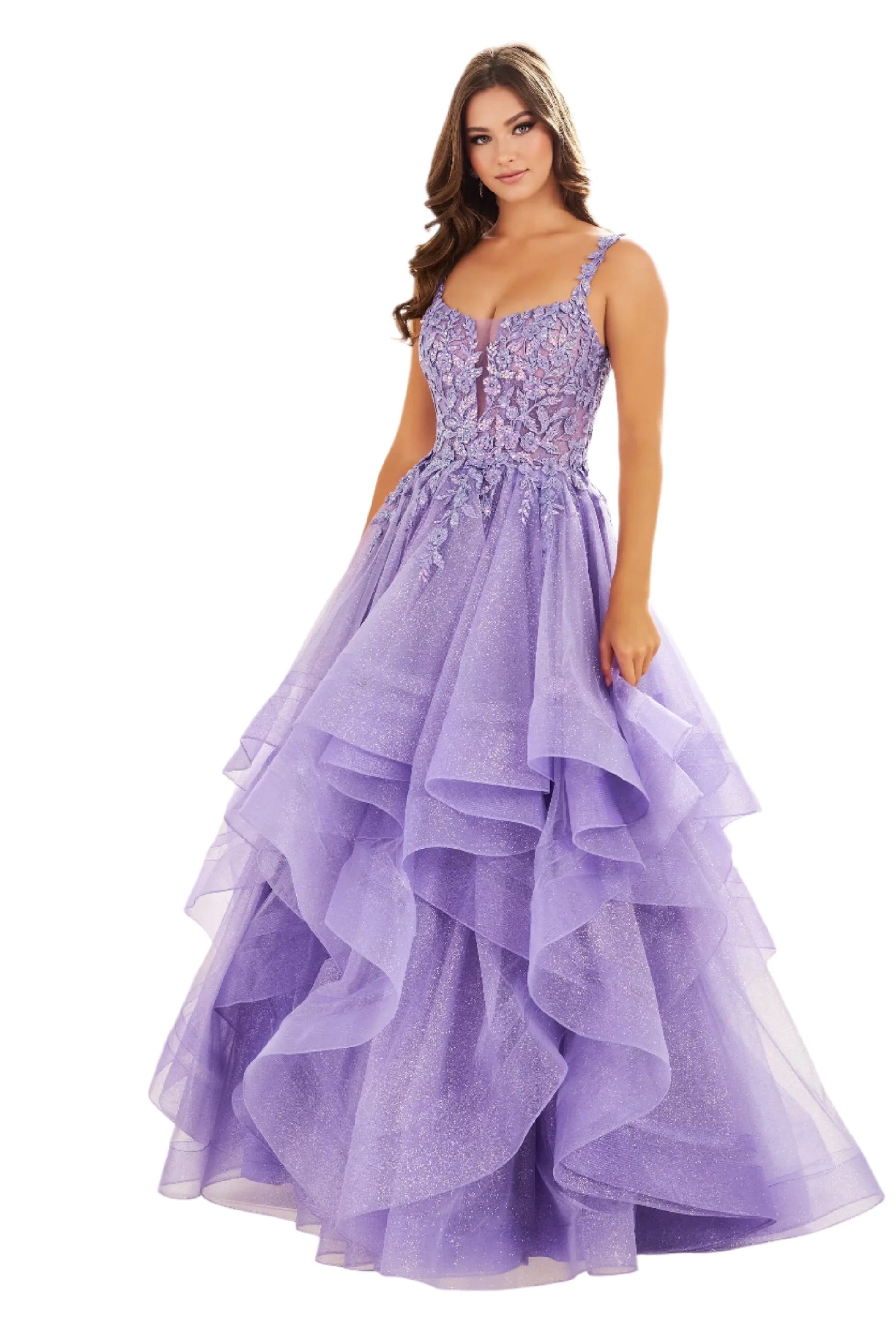 Expertly crafted by Ellie Wilde, the EW36035 dress boasts a sheer lace shimmer, ruffle details, and a corset-style bodice. Completed with a sequin layer for added sparkle, this ballgown will make you stand out at any prom or formal event. Elevate your style and confidence with this stunning dress.