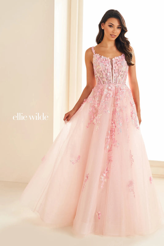 Elevate your style with the Ellie Wilde EW36213 dress. This stunning prom dress features a sheer lace corset top, Shimmer V-neckline, and A-line silhouette that will gracefully accentuate your curves. With this gown, you'll feel like a work of art, ready to make a statement at any formal event.