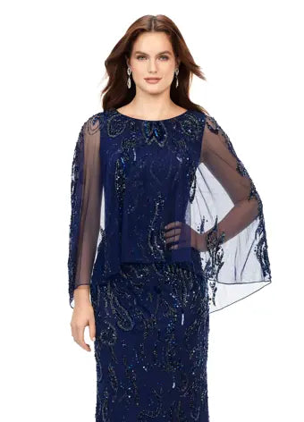 Ashley Lauren 11214 Fully Hand Beaded Crew Neckline High Back Overlay Fitted Evening Dress. A timeless evening gown complete with a sheer overlay. This gown has a sequin motif that sparkles throughout the gown and overlay. Talk about elegant!