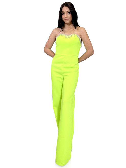 Marc Defang 8180 Long Scuba Strapless Jumpsuit Crystal Fringe Tassel Pageant Neon  Available Size:  0, 10  Available Color:  Neon Green