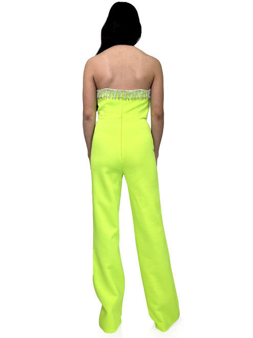 Marc Defang 8180 Long Scuba Strapless Jumpsuit Crystal Fringe Tassel Pageant Neon  Available Size:  0, 10  Available Color:  Neon Green