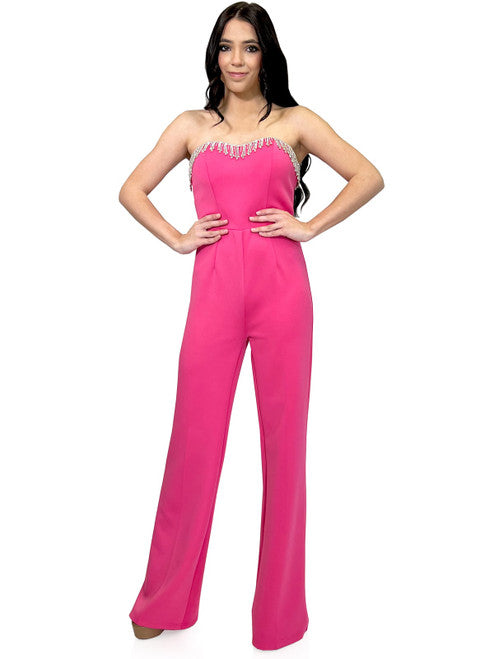 Marc Defang 8180 Long Scuba Strapless Jumpsuit Crystal Fringe Tassel Pageant Neon  Available Size:  2, 12  Available Color:  Hot Pink