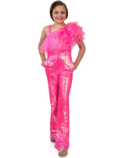 Marc Defang 5026 Girls Sequin One Shoulder Pageant Jumpsuit Ruffle Fun Fashion  Multi layer organza ruffles at neck Fully beaded jumpsuit One side off shoulder design with strap on the other side  Sparkle Iridescent colors  Center Back invisible zipper Knitted inner comfort lining Available Sizes: 4-14  Available Colors: White, Orange, Black, Royal Blue, Fuchsia