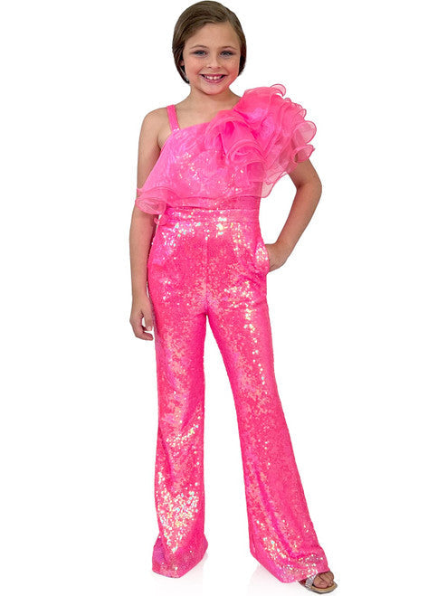 Marc Defang 5026 Girls Sequin One Shoulder Pageant Jumpsuit Ruffle Fun Fashion  Multi layer organza ruffles at neck Fully beaded jumpsuit One side off shoulder design with strap on the other side  Sparkle Iridescent colors  Center Back invisible zipper Knitted inner comfort lining Available Sizes: 4-14  Available Colors: White, Orange, Black, Royal Blue, Fuchsia