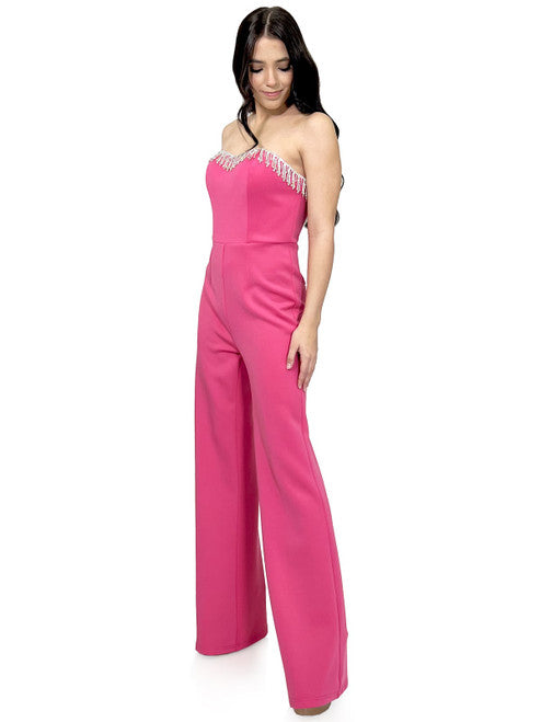 Marc Defang 8180 Long Scuba Strapless Jumpsuit Crystal Fringe Tassel Pageant Neon  Available Size:  2, 12  Available Color:  Hot Pink