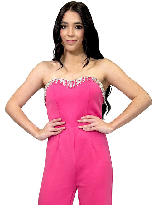 Marc Defang 8180 Long Scuba Strapless Jumpsuit Crystal Fringe Tassel Pageant Neon  Available Size:  2, 12  Available Color:  Hot Pink