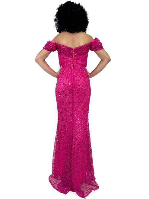 This Marc Defang 8228 dress is an elegant, fitted off-the-shoulder design, featuring a detachable overskirt and ornate pearl, sequin, and beaded detailing. It's perfect for a unique prom, pageant, or wedding look. Corset back  Sizes: 00-16  Colors: Hot Pink, White  *Allow 30 days production