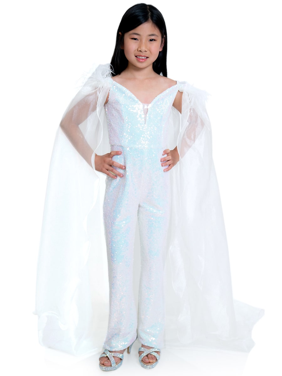 Marc Defang KIDS 8099K Size 4 Gold Pageant Jumpsuit sequins off the shoulder straps cape and feathers