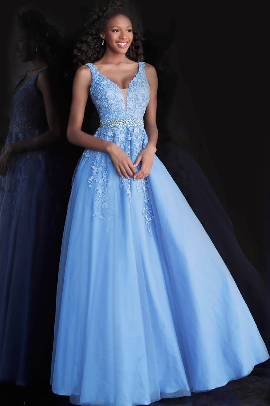 JVN68258 Blue tulle prom dress ball gown embroidered lace plunging neckline evening gown 