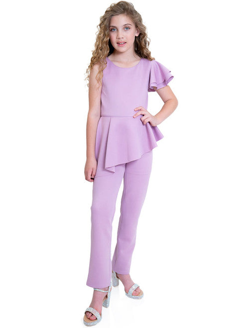 Marc Defang 8117k girls, kids pageant interview jumpsuit peplum skirt with one shoulder ruffle  Available sizes: 2-14  Available colors: Mint, Hot Pink, Red, Lilac (Check swatches for custom colors - 30-45 days)