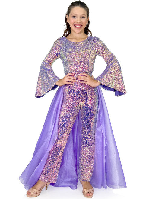 Marc Defang 8004 Sequin Bell Sleeve Pageant Jumpsuit Overskirt Fun Fashion   Price is inclusive of overskirt  Fully beaded jumpsuit Bell sleeve Option of matching overskirt Knitted inner comfort lining  Available Sizes: 6   Available Colors: Iridescent Purple