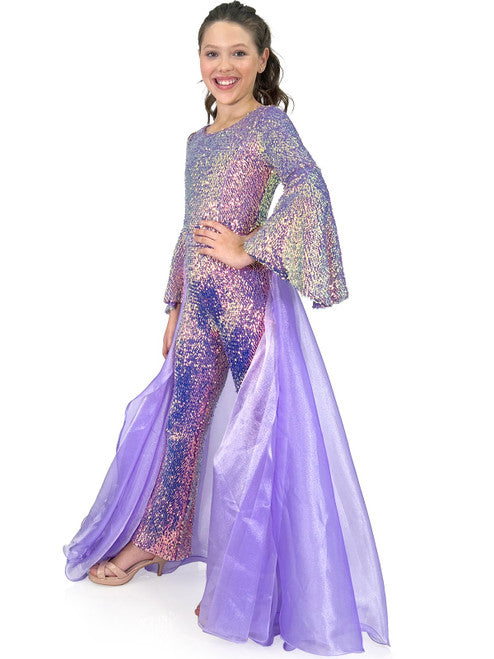 Marc Defang 8004 Sequin Bell Sleeve Pageant Jumpsuit Overskirt Fun Fashion   Price is inclusive of overskirt  Fully beaded jumpsuit Bell sleeve Option of matching overskirt Knitted inner comfort lining  Available Sizes: 6   Available Colors: Iridescent Purple