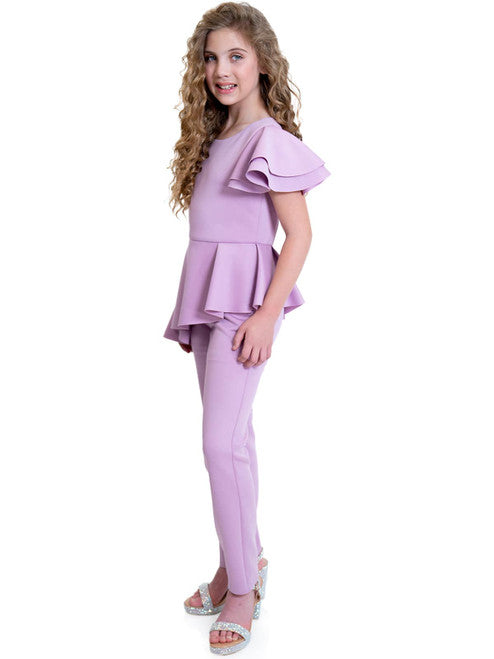 Marc Defang 8117k girls, kids pageant interview jumpsuit peplum skirt with one shoulder ruffle  Available sizes: 2-14  Available colors: Mint, Hot Pink, Red, Lilac (Check swatches for custom colors - 30-45 days)