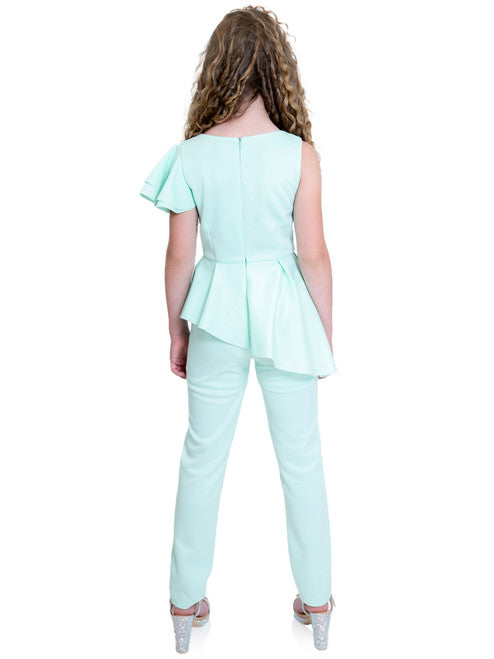 Marc Defang 8117k girls, kids pageant interview jumpsuit peplum skirt with one shoulder ruffle  Available sizes: 2-14  Available colors: Mint, Hot Pink, Red, Lilac (Check swatches for custom colors - 30-45 days)