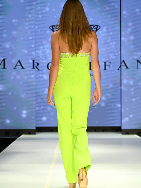 Marc Defang 8180 Long Scuba Strapless Jumpsuit Crystal Fringe Tassel Pageant Neon  Available Size:  0, 10  Available Color:  Neon Green