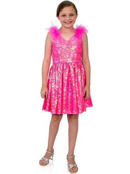 This Marc Defang formal dress is for the modern girl. Crafted from high-quality fabric, the dress features an eye-catching sequin feather V-neckline, and an A-line silhouette. Perfect for pageants, this dress is sure to make a statement.  Sizes: 4,5,6,7,8,9,10,11,12,13,14  Colors: Barbie Pink - Inquire to swatches for additional colors. 30 days