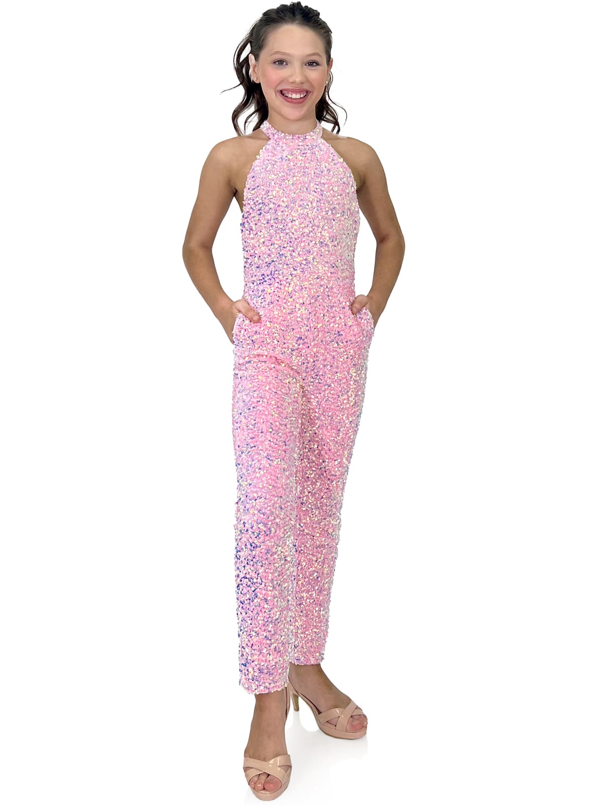 Marc Defang 5022 Long Girls Velvet Sequin Pageant Jumpsuit Fun Fashion High Neck