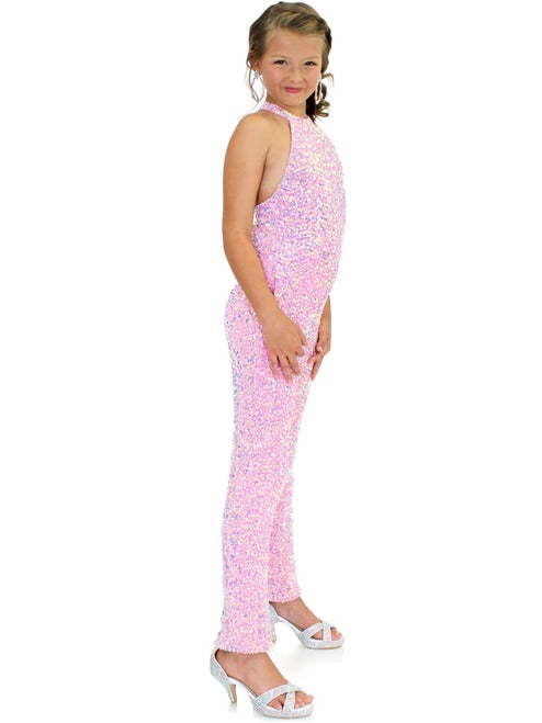 Marc Defang 5022 Long Girls Sequin Pageant Jumpsuit Fun Fashion High Neck  Very sparkle Iridescent colors  Fully beaded Halter Neck Back Straps  Side Pockets Knitted inner comfort lining Available Size: 4-14  Available Color: Royal Blue, Red, White, Light Pink, Light Blue