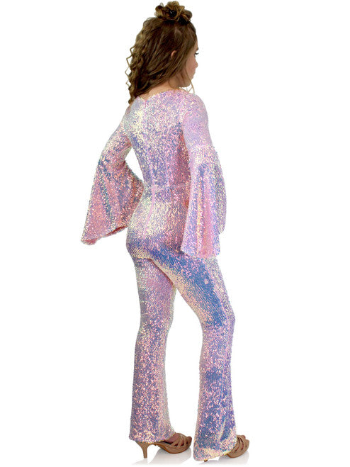 Marc Defang 8004K Sequin Bell Sleeve Pageant Jumpsuit Overskirt Fun Fashion   Price is inclusive of overskirt  Fully beaded jumpsuit Bell sleeve Option of matching overskirt Knitted inner comfort lining  Available Sizes: 4-14  Available Colors: Baby Pink, Light Purple, Light Orange, Mint