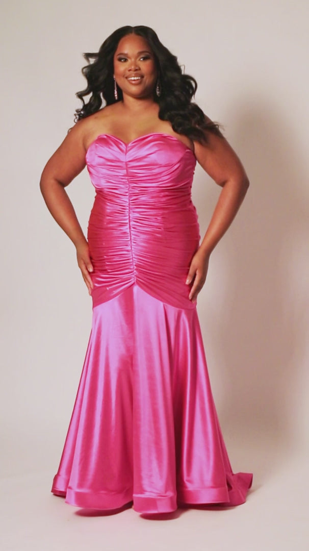 This elegant mermaid dress by Sydneys Closet SC7364 features a fitted sweetheart bodice top and a ruched satin skirt with a long, floor-length train. With a timeless strapless design, this prom dress is perfect for a formal occasion. Our curve-hugging long formal dress lets you look glamorous and make a trendy fashion statement at Prom or any elegant evening event coming up on your social calendar.