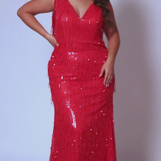 Enchanting sequin fringe cascades down the bodice of this plus size pageant dress. Its fitted silhouette and flattering V neckline provide an eye-catching look that is sure to turn heads. Perfect for your next formal event! Look glamourous at your next big fancy event when you arrive wearing our Spur of the Moment plus size fringe evening gown. Classic sequin slim formal dress updated with trendy fringe embellishment on the fitted bodice and fitted skirt for a very playful embellishment. 