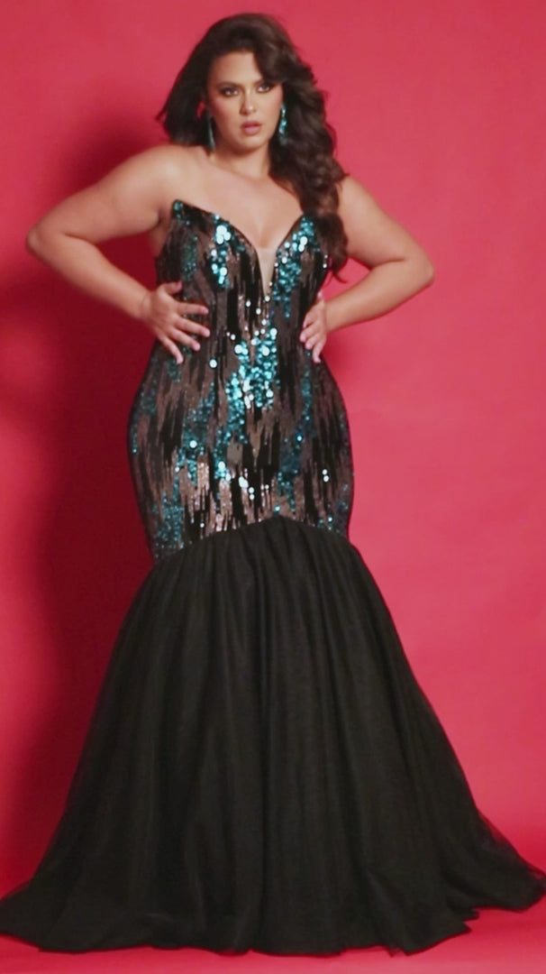 Sydney Closet JK2411 Long Mermaid Pageant Dress is the perfect choice for your special occasion. Featuring a sequin velvet corset with peak points, this dress is designed with plus size silhouettes in mind and is sure to make a lasting impression. Capture the attention of everyone at Prom 2024, a pageant or your next formal event when you opt to wear this glamourous plus-size Mermaid evening gown. 