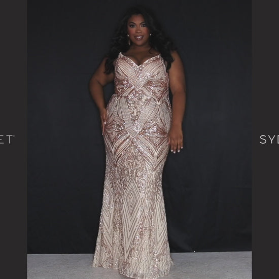 Sydney's Closet SC7340 Rose Gold Fitted Evening Gown Sequins V Neckline Plus Size Prom Dress. Look dazzling like a diva in Sydney's Closet SC7340 Rose Gold Fitted Evening Gown. Its sequined V-neckline, fitted silhouette, and plus size design will make you shine like a star at your prom! All eyes will be on you. Oooh la la!