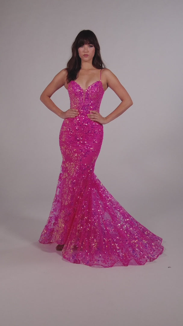 Make a stunning appearance at your next formal event in this Ellie Wilde EW35013 Long Fitted Sequin Mermaid Prom Dress. Crafted from an exquisite combination of Embroidered Tulle, Glitter Tulle, and Sequins, this beautiful dress includes a plunging Sweetheart neckline, a corset bodice with a lace-up back, and a trumpet silhouette for the perfect fit. The Natural waistline and Sleeveless design complete the look.  COLOR: BLACK, MIDNIGHT, LIGHT BLUE, LILAC, HOT PINK SIZE: 00 - 20