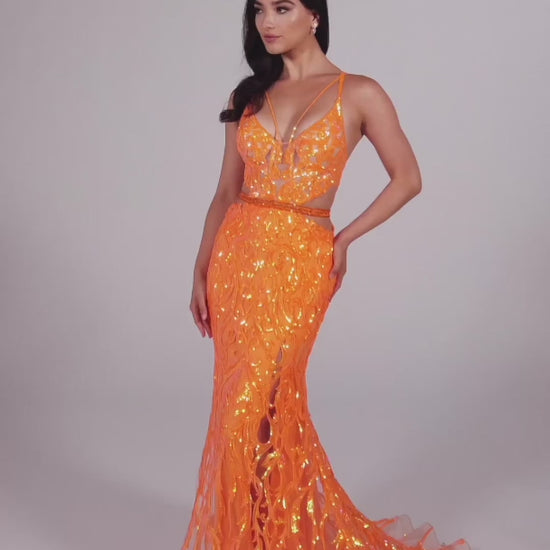 Make a statement in Ellie Wilde's EW35007 Sheer Sequin Cut Out Prom Dress. With its V-Neck Sweetheart Neckline, open back, side waist cut out, and sequin-beaded tulle fabric, this trumpet silhouette gown is an eye-catching formal look. Perfect for any special occasion.  COLOR: ORANGE, EMERALD, IRIS SIZE: 00 - 16