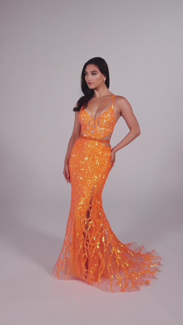 Make a statement in Ellie Wilde's EW35007 Sheer Sequin Cut Out Prom Dress. With its V-Neck Sweetheart Neckline, open back, side waist cut out, and sequin-beaded tulle fabric, this trumpet silhouette gown is an eye-catching formal look. Perfect for any special occasion.  COLOR: ORANGE, EMERALD, IRIS SIZE: 00 - 16