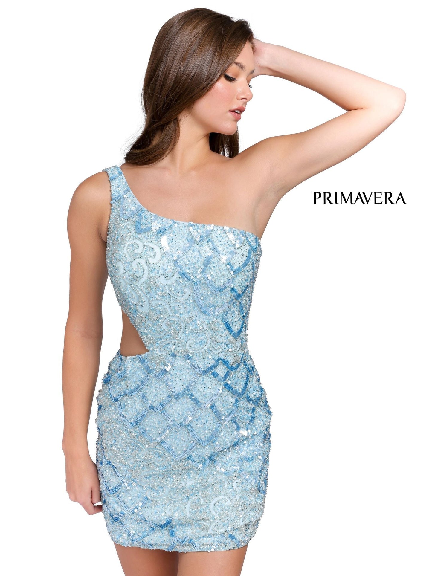 Primavera Couture 3504 Cocktail Dress Glass Slipper Formals Lake City Florida  Wow everyone at the party with this short homecoming dress.  The beaded sequins fitted dress has scallop details, it is one shoulder with a cutout on the side.  Colors: Black, Bright Blue, Ivory, Emerald, Gold, Light Turquoise, Neon Coral, Neon Lilac, Neon Pink, Orange, Pewter, Pink, Purple, Raspberry, Red, Royal Blue, Sage Green, Yellow  Sizes:  00, 0, 2, 4, 6, 8, 10, 12, 14, 16, 18