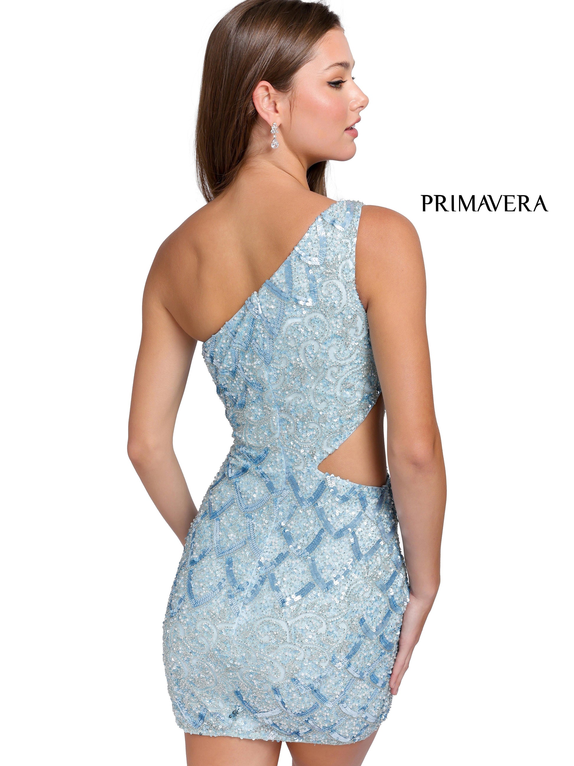 Primavera Couture 3504 Cocktail Dress Glass Slipper Formals Lake City Florida  Wow everyone at the party with this short homecoming dress.  The beaded sequins fitted dress has scallop details, it is one shoulder with a cutout on the side.  Colors: Black, Bright Blue, Ivory, Emerald, Gold, Light Turquoise, Neon Coral, Neon Lilac, Neon Pink, Orange, Pewter, Pink, Purple, Raspberry, Red, Royal Blue, Sage Green, Yellow  Sizes:  00, 0, 2, 4, 6, 8, 10, 12, 14, 16, 18