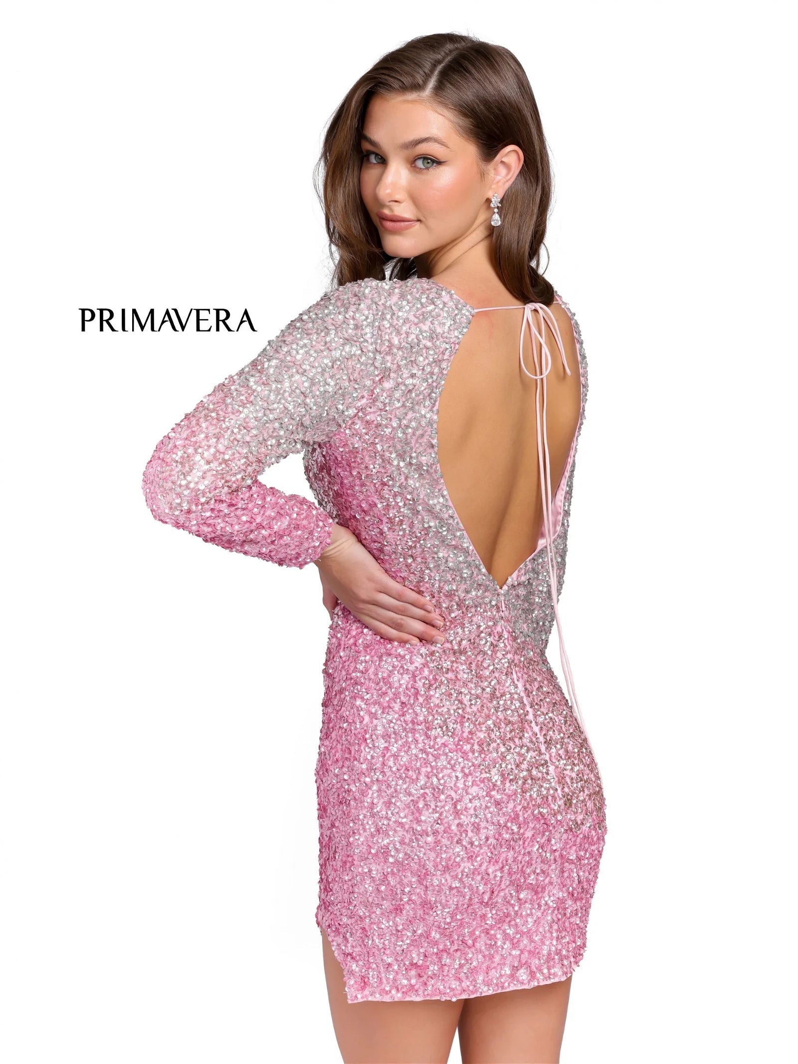 Primavera Couture 3819 Short 2023 Homecoming Dress Fitted Long sleeve backless Sequin Cocktail Dress. Ombre color shift with a slit in skirt.  Available Color- Black, Light Blue, Pink, Lavender, Mint, Nude/Multi  Available Size-00-18