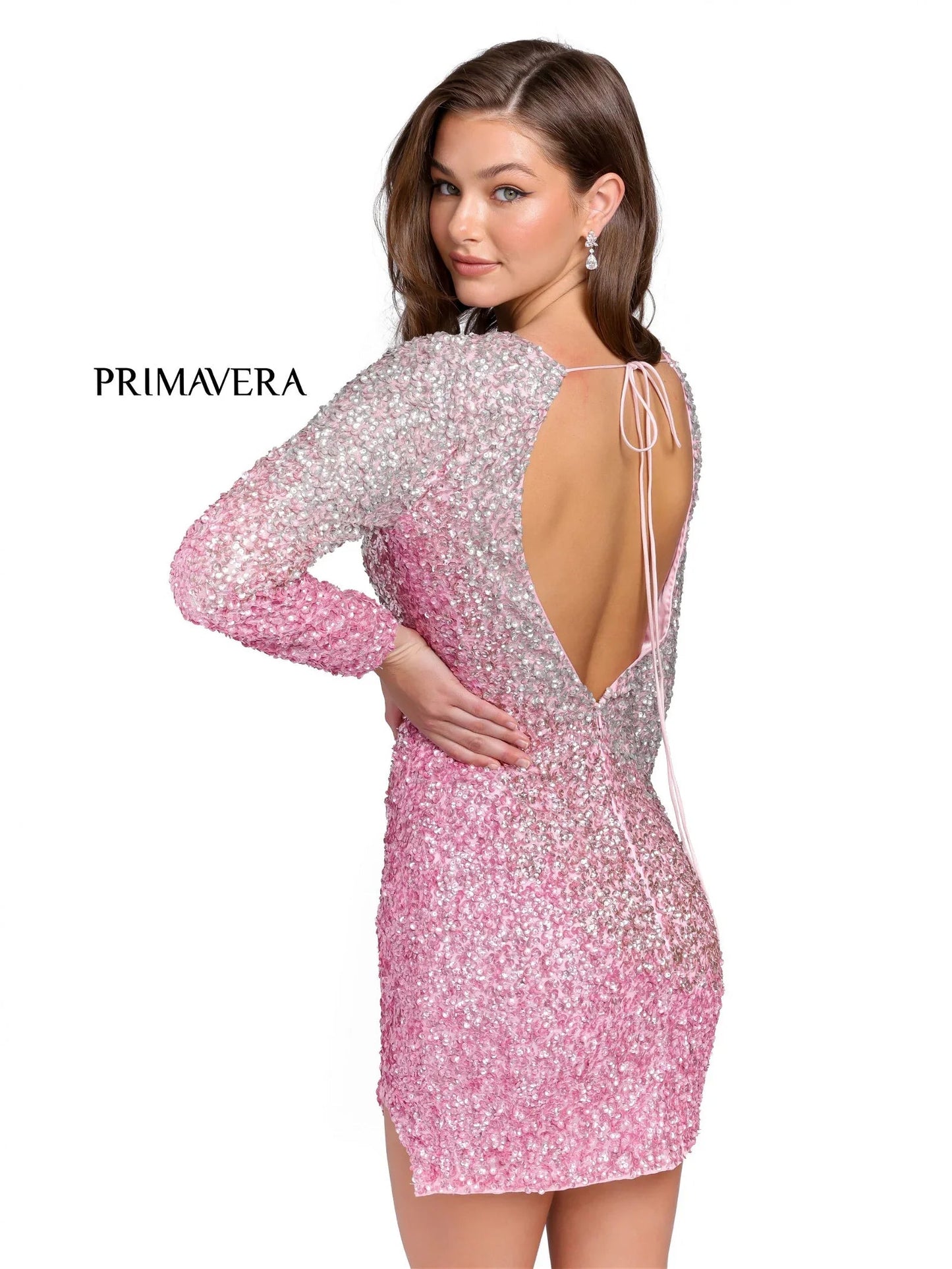 Primavera Couture 3819 Short 2023 Homecoming Dress Fitted Long sleeve backless Sequin Cocktail Dress. Ombre color shift with a slit in skirt.  Available Color- Black, Light Blue, Pink, Lavender, Mint, Nude/Multi  Available Size-00-18