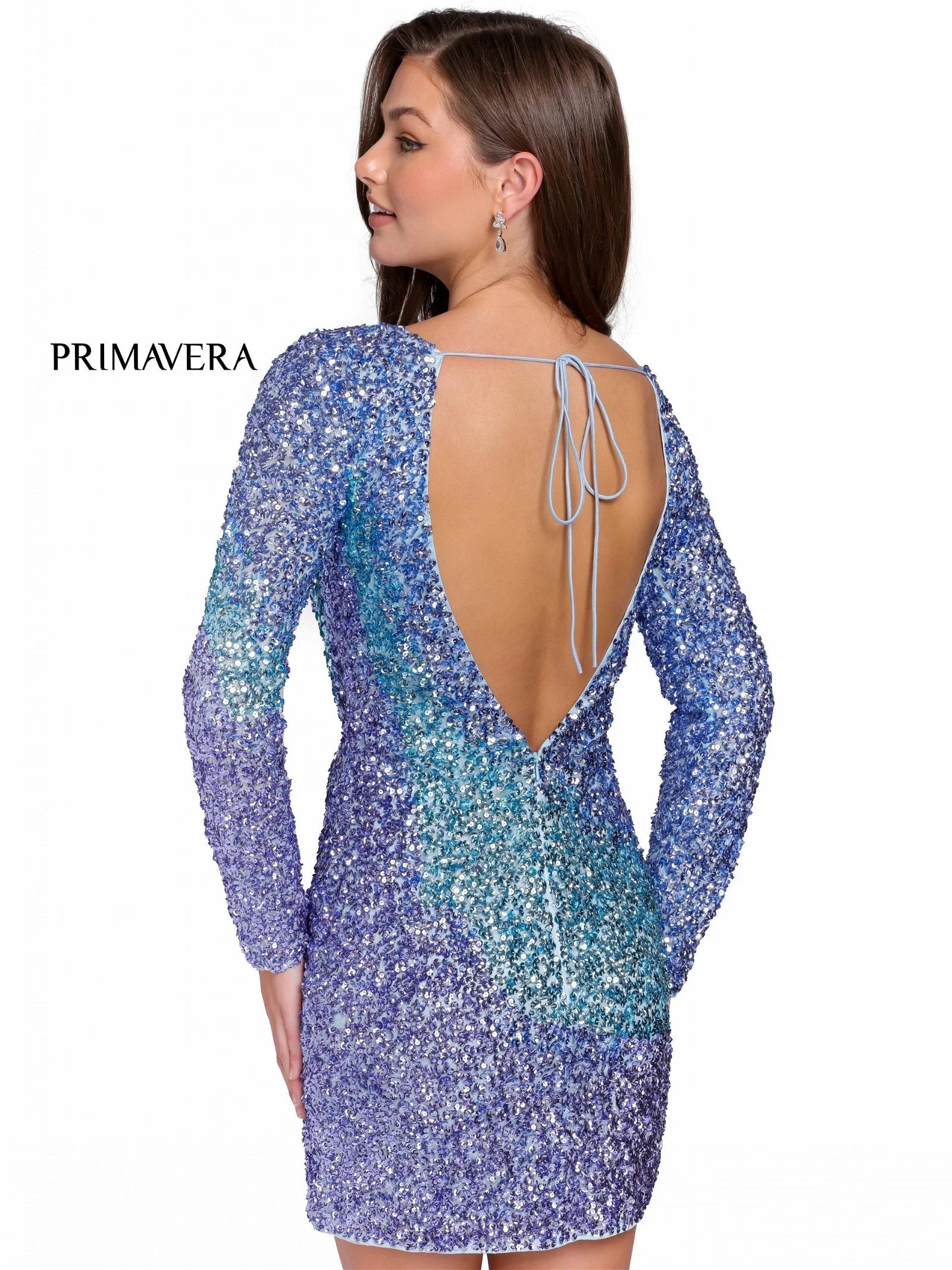 Primavera Couture 3819 Short 2023 Homecoming Dress Fitted Long sleeve backless Sequin Cocktail Dress. Ombre color shift with a slit in skirt.  Available Color- Black, Light Blue, Pink, Lavender, Mint, Nude/Multi  Available Size-00-18