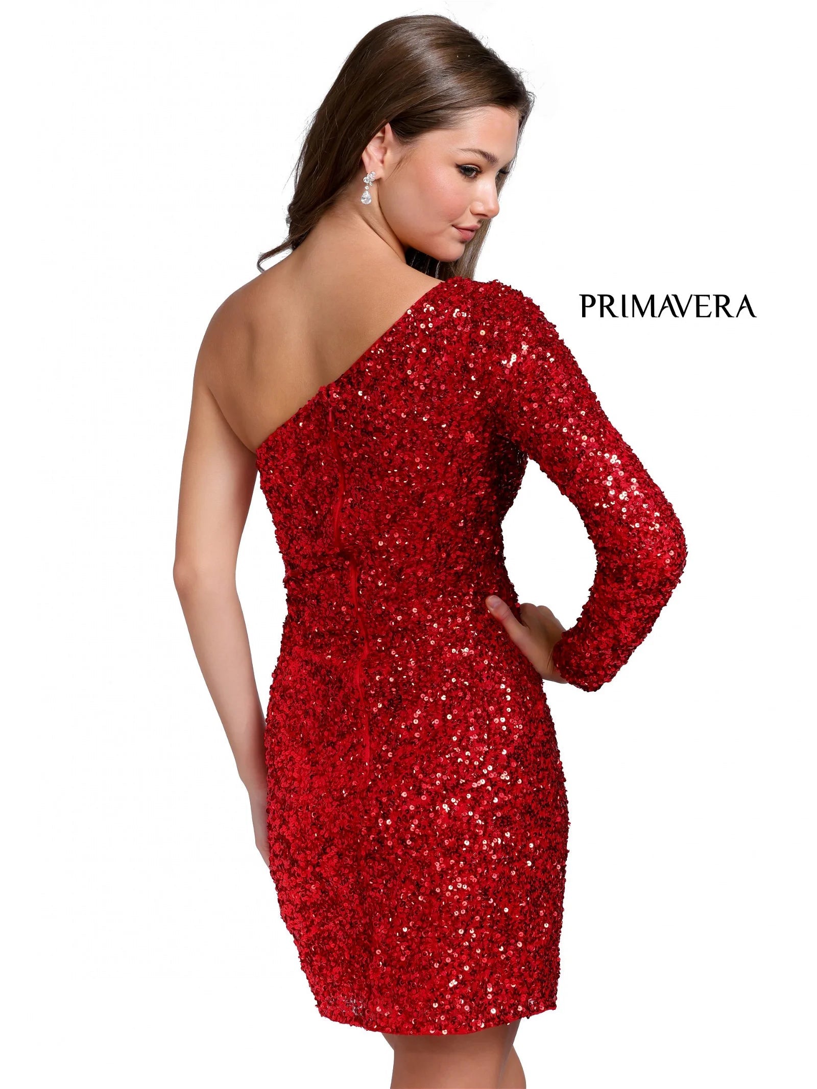 Primavera Couture 3860 Short 2023 Homecoming dress Fitted sequin beaded short cocktail dress One Shoulder Long Sleeve Maxi slit Homecoming  Available Color- Baby Pink, Gold, Lilac, Light Blue, Neon Pink, Red, Royal Blue, Apple Green, Mint, Peacock  Available Size-00-18