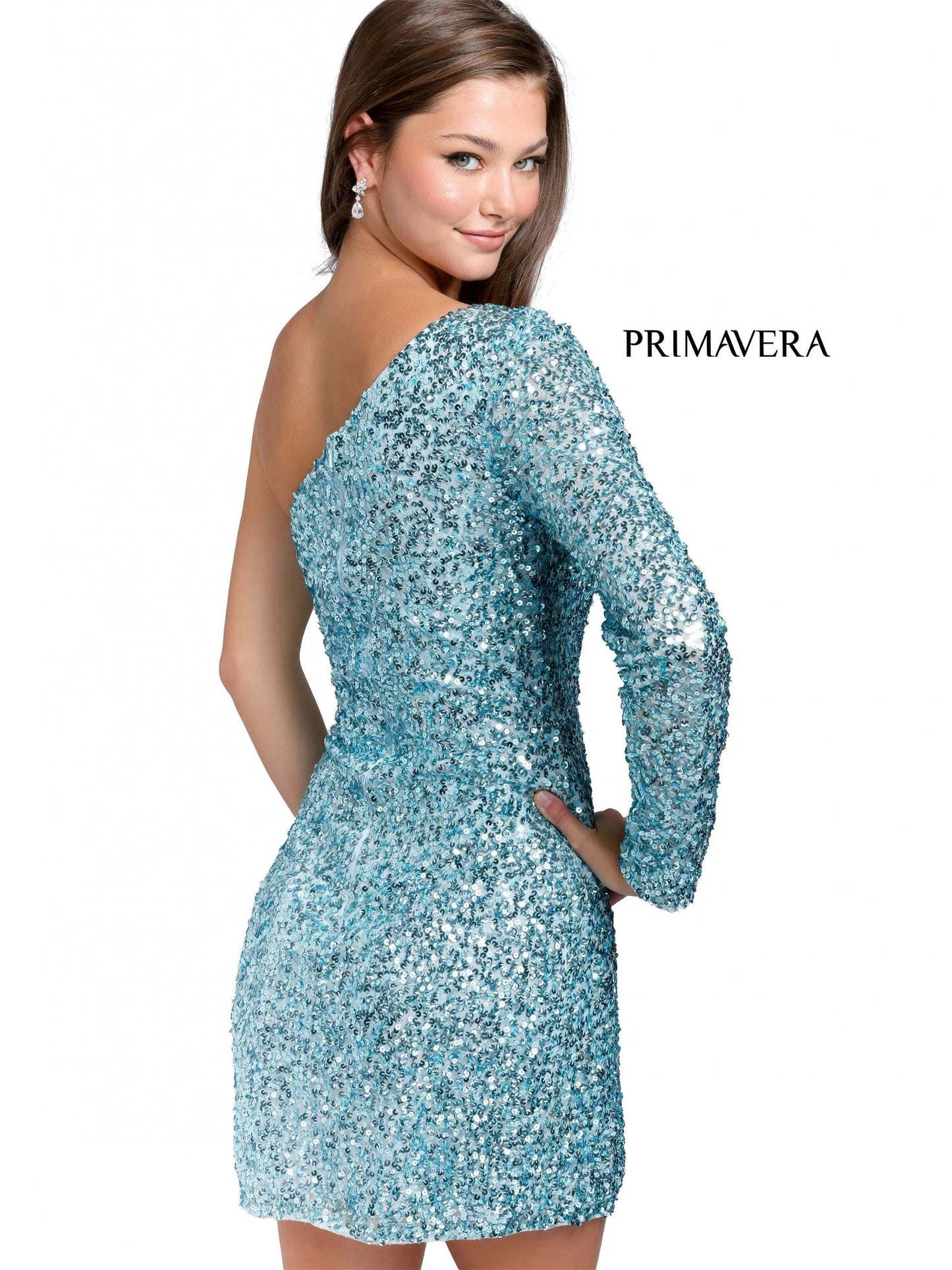 Primavera Couture 3860 Short 2023 Homecoming dress Fitted sequin beaded short cocktail dress One Shoulder Long Sleeve Maxi slit Homecoming  Available Color- Baby Pink, Gold, Lilac, Light Blue, Neon Pink, Red, Royal Blue, Apple Green, Mint, Peacock  Available Size-00-18