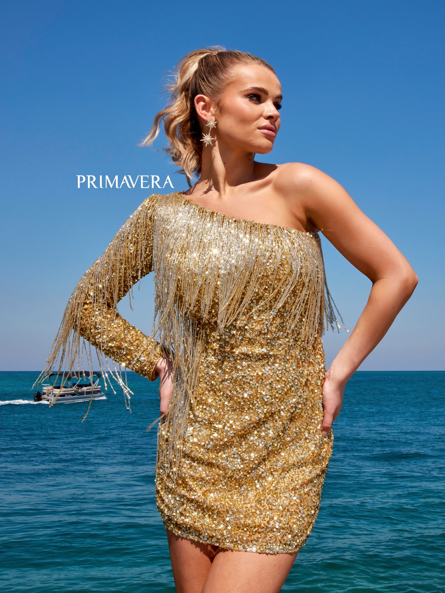 Primavera Couture 4003 Fringe Cocktail Dress Long Sleeves