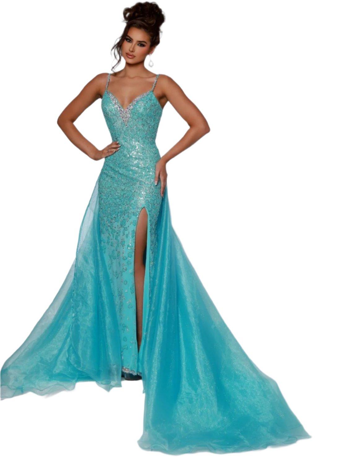 This Johnathan Kayne DKS2 dress features intricate beading and a fitted silhouette for a glamorous pageant look. The overskirt and slit add elegant movement, while the crystals add a touch of sparkle. Perfect for formal events or pageants. Radiate glamour in this Beaded Glitter Mesh gown featuring a glitter tulle organza overskirt,