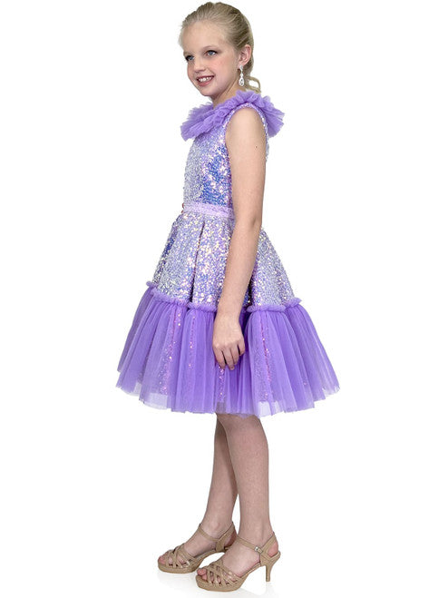 Marc Defang Kids 5111 Dress is a stunning cocktail dress for special occasions. Crafted from sequin tulle with pleated ruffle and layered detailing, it is sure to turn heads. Perfect for pageants, it will make your little one feel like a princess. Please inquire for additional colors.  Sizes: 4,5,6,7,8,9,10,11,12,13,14  Colors: Lilac, Mint, Royal Blue