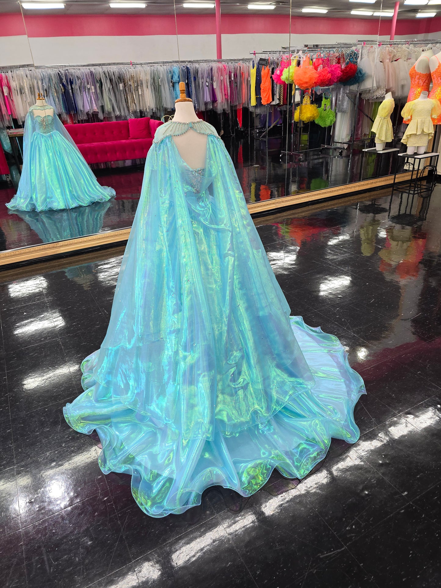 Sugar Kayne C334 Size 6 Blue Girls Pageant Dress Iridescent Organza Sweetheart Neckline Long Ball Gown Skirt