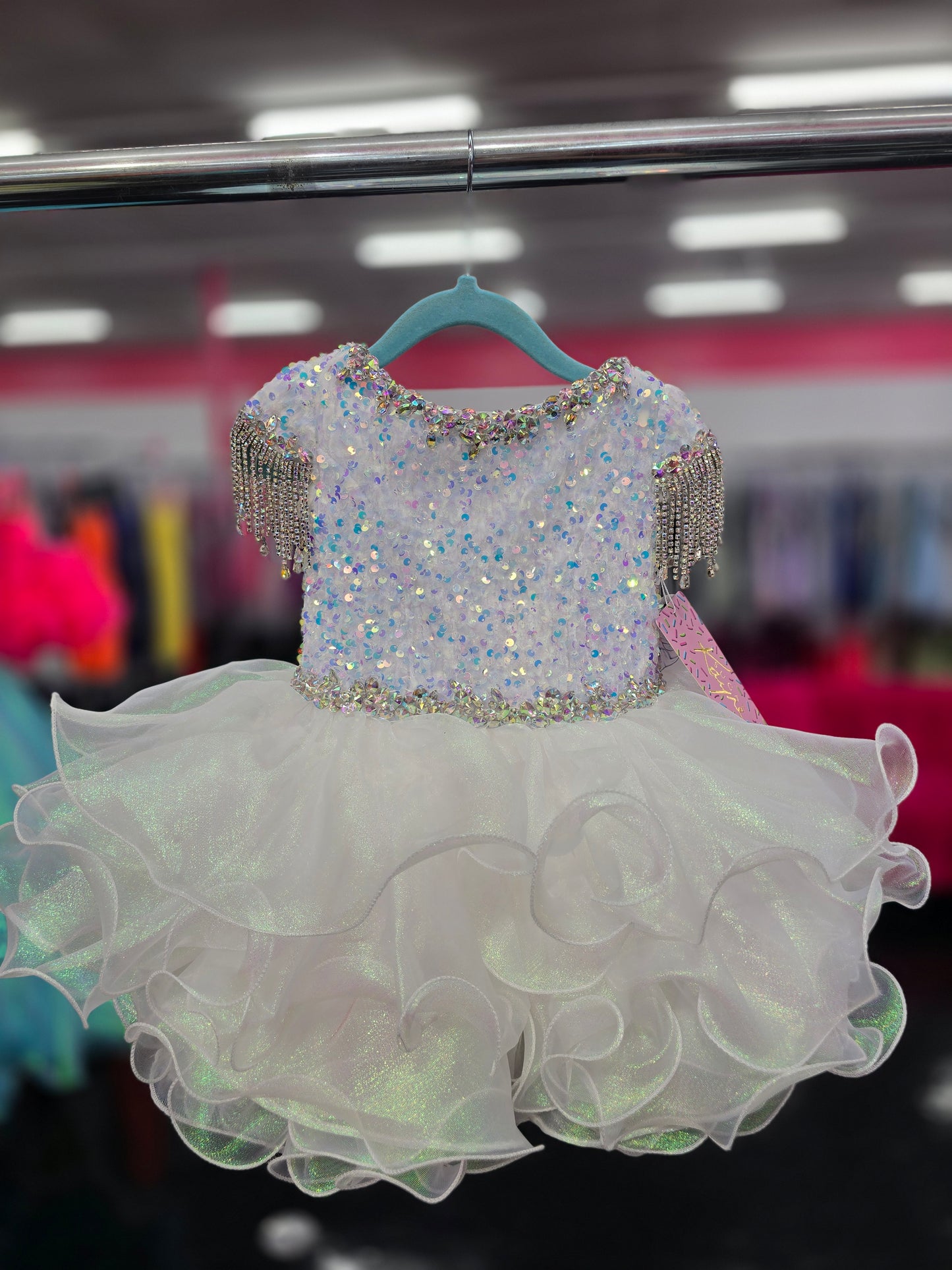 Sugar Kayne C203 Size 24M Unicorn Short Girls Cupcake Velvet Sequin Pageant Dress Crystal Fringe Tassel Cap Sleeve