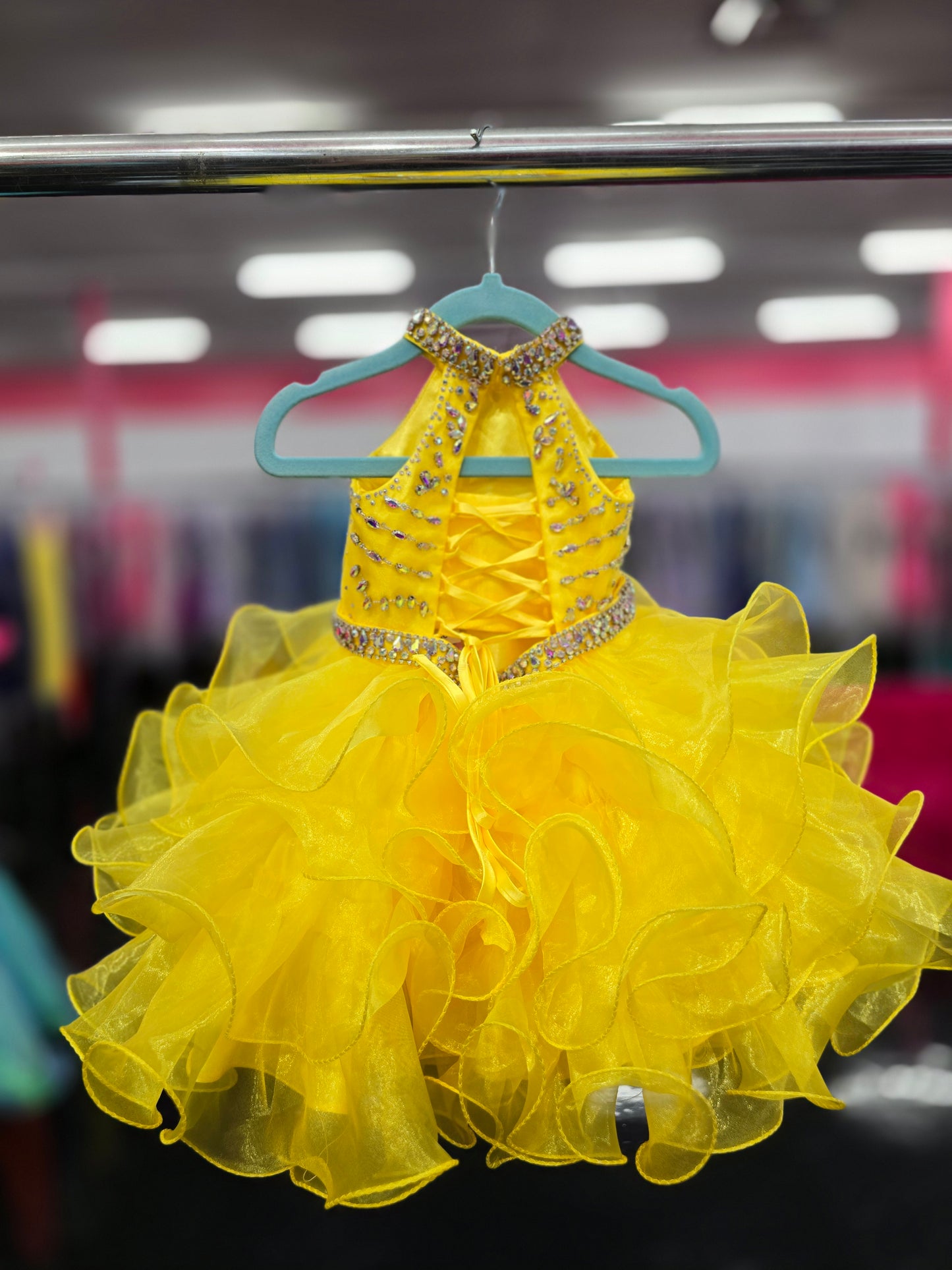 Sugar Kayne C200 Size 18M Yellow Short Ruffle Girls High Neck Cupcake Corset Pageant Dress Rhinestone