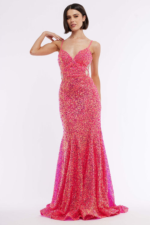 Look stunning in Vienna Prom 8878. Crafted from a lustrous sequined fabric, this dress features a backless and sheer cut-out design. The elegant fitted bodice fits snugly to flatter your curves, making this the perfect formal or pageant dress.  Sizes: 00-16  Colors: Fuchsia, Lilac, Green