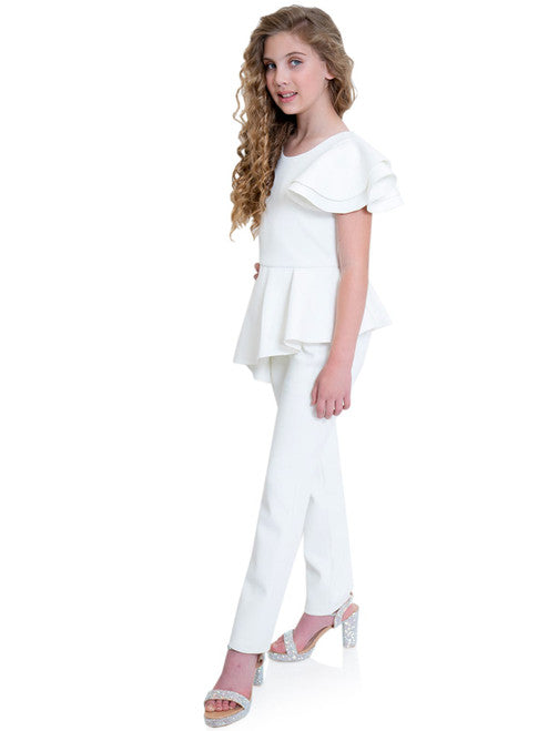 Marc Defang 8117k girls, kids pageant interview jumpsuit peplum skirt with one shoulder ruffle  Available sizes: 2-14  Available colors: Mint, Hot Pink, Red, Lilac (Check swatches for custom colors - 30-45 days)